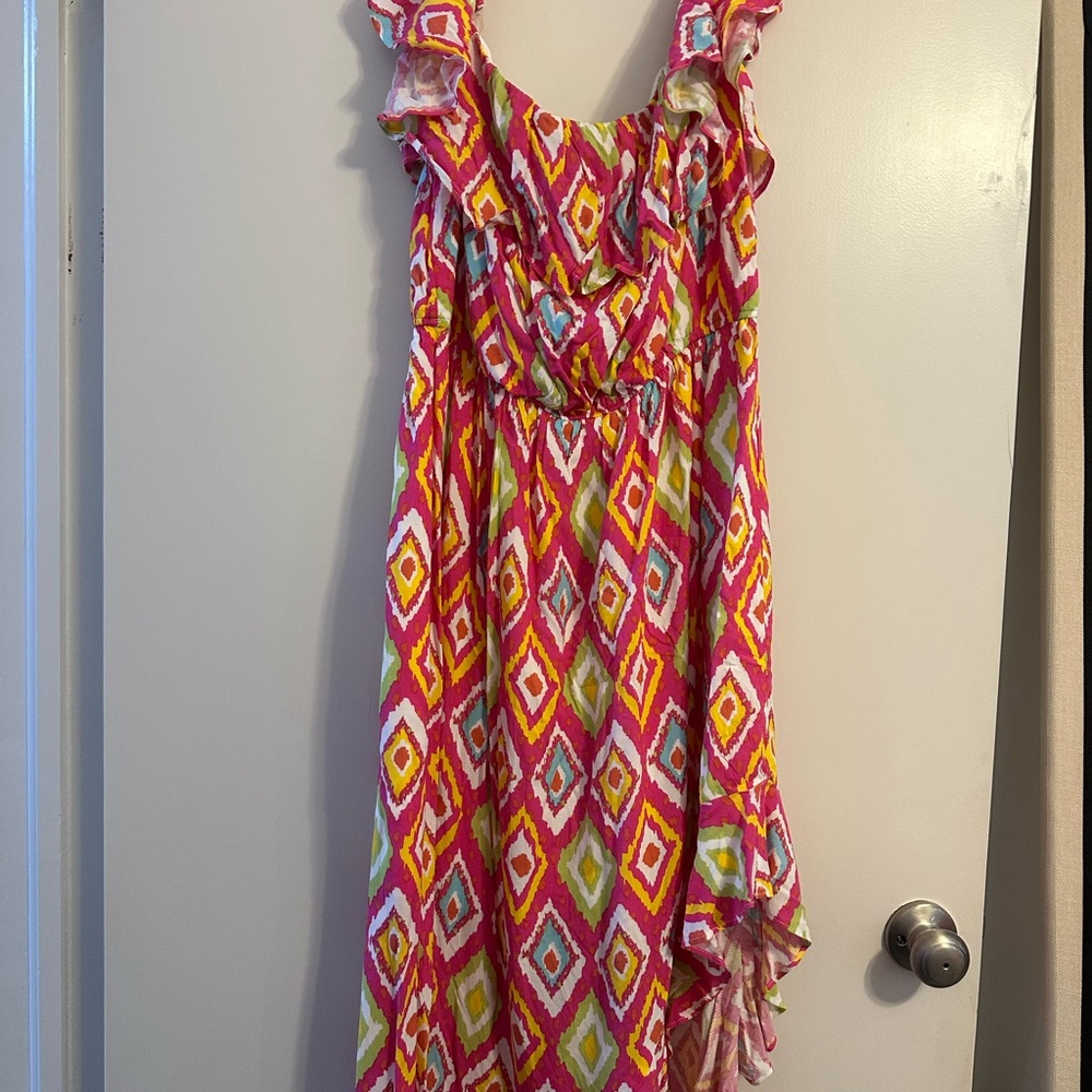 Savanna Jane Vibrant Pink and Yellow High Low Dress